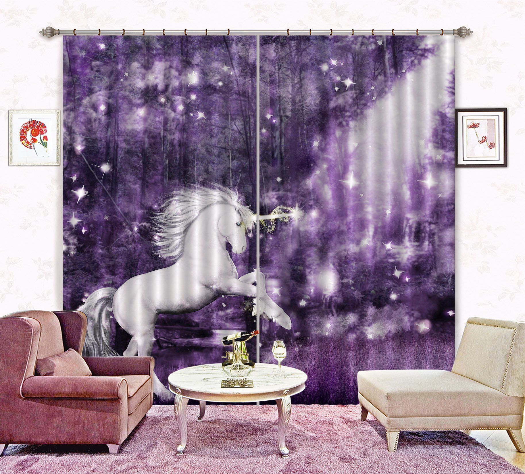 3d unicorn with purple trees printed window curtain 7837