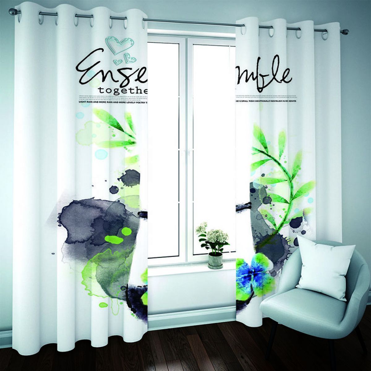 3d watercolor of plants light blue printed window curtain home decor 8392
