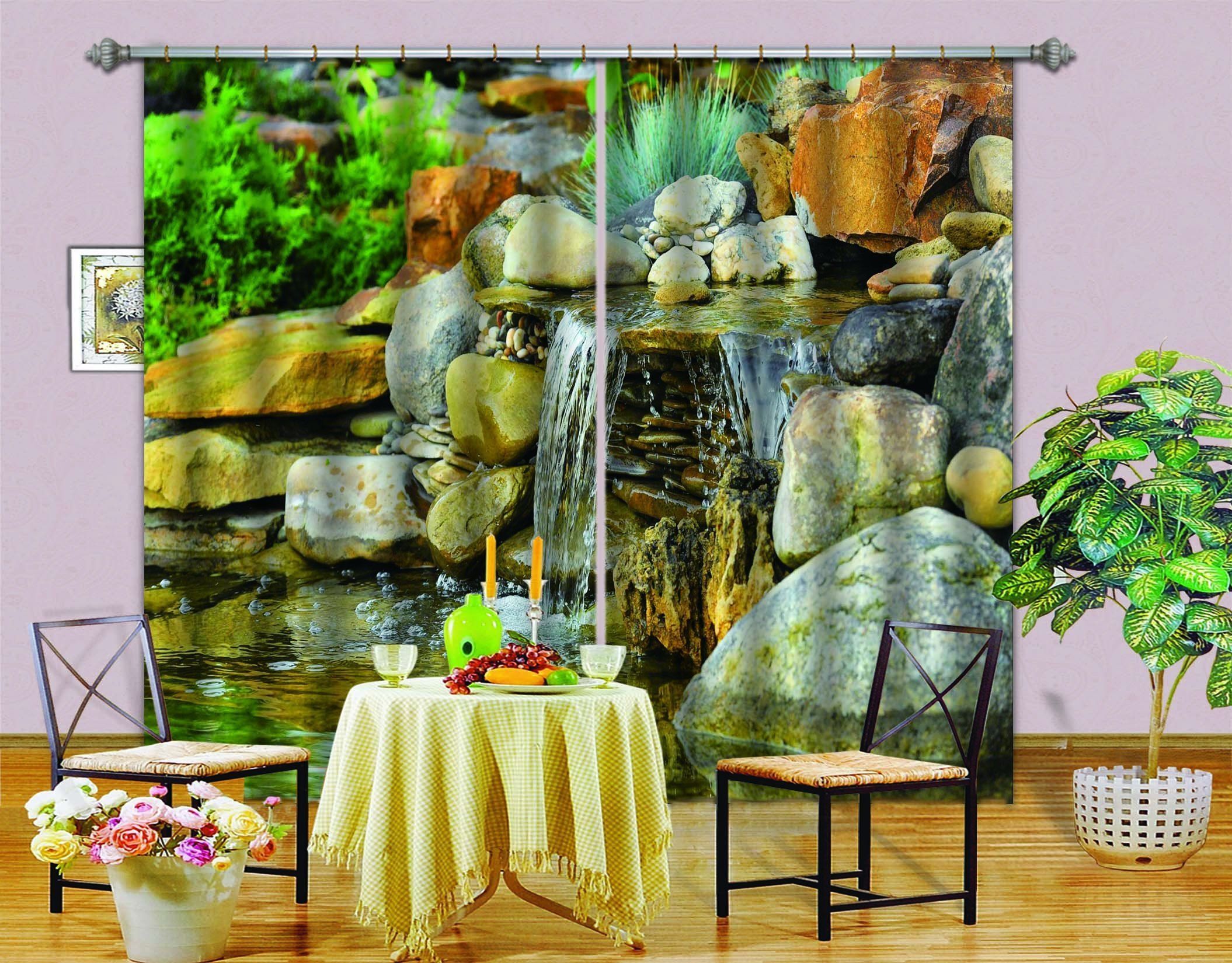 3d waterfall with rocks tourist spot printed window curtain 1704