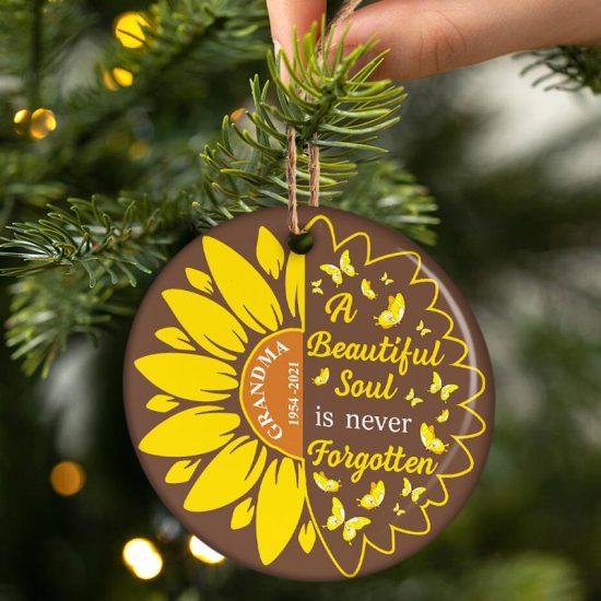 A Beautiful Soul Sunflower Memorial Gift Personalized Custom Circle Ceramic Ornament 1