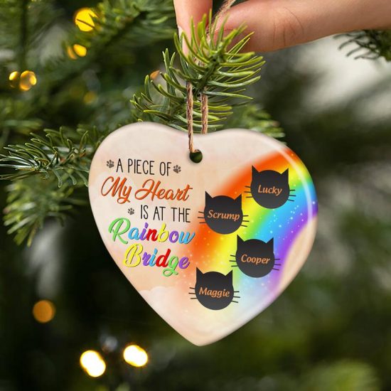 A Piece Of My Heart Is At The Rainbow Bridge Cat Memorial Gift Personalized Custom Heart Ceramic Ornament 2