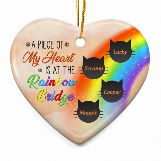 A Piece Of My Heart Is At The Rainbow Bridge - Cat Memorial Gift - Personalized Custom Heart Ceramic Ornament