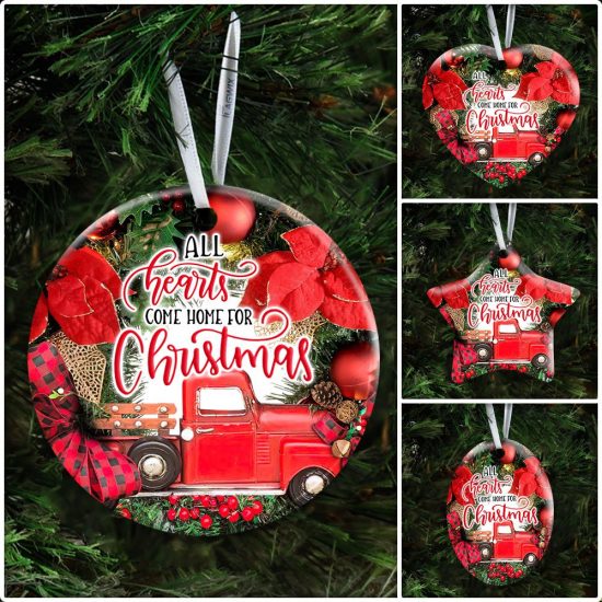 All Hearts Come Home For Christmas Red Truck Christmas Wreath Ceramic Ornament 6