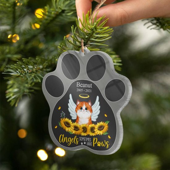 Angels Have Paws Cat Memorial Gift Personalized Custom Paw Shaped Acrylic Ornament 1