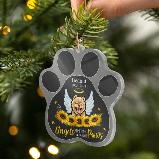 Angels Have Paws Dog Memorial Gift Personalized Custom Paw Shaped Acrylic Ornament 1