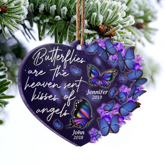 Butterflies Are Heaven Sent Kisses Memorial Gift Personalized Custom Heart Acrylic Ornament 1