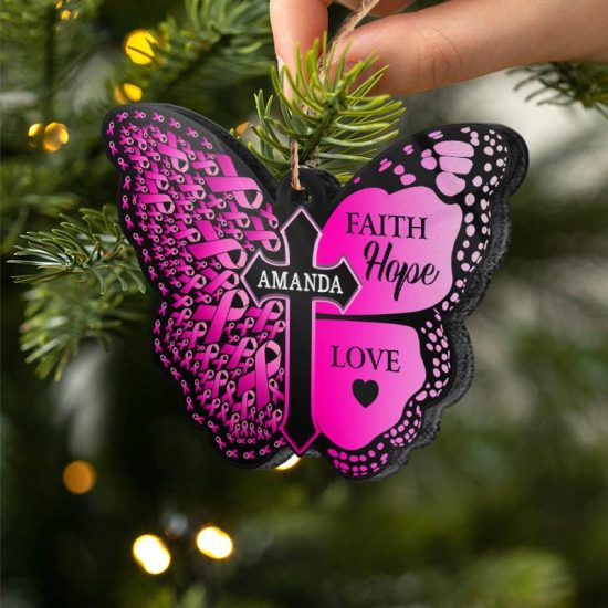 Butterfly Faith Hope Love Cancer Survivor Gift Personalized Custom Butterfly Acrylic Ornament 1