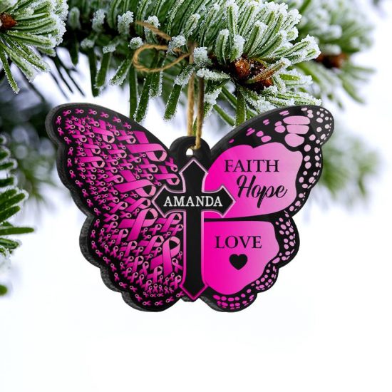 Butterfly Faith Hope Love Cancer Survivor Gift Personalized Custom Butterfly Acrylic Ornament 2