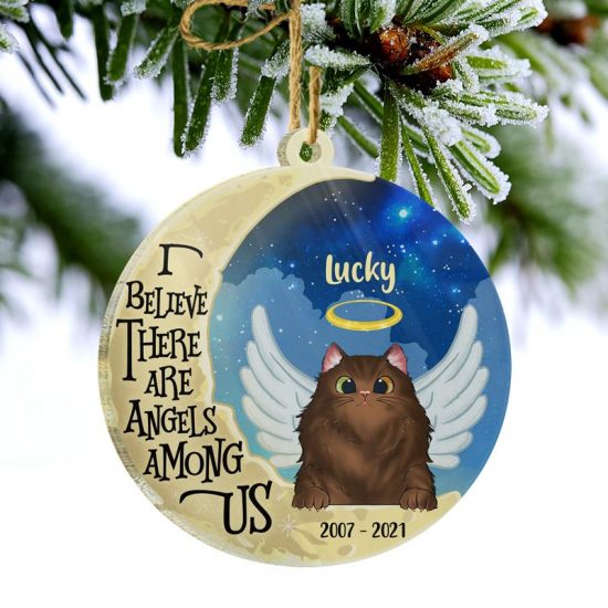 Cat Angels Among Us Cat Memorial Gift Personalized Custom Circle Acrylic Ornament 1