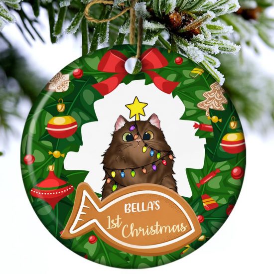 Cat First Christmas Cat Lovers Christmas Gift Personalized Custom Circle Ceramic Ornament 1