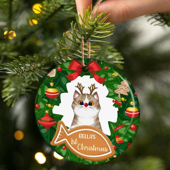 Cat First Christmas Cat Lovers Christmas Gift Personalized Custom Circle Ceramic Ornament 2