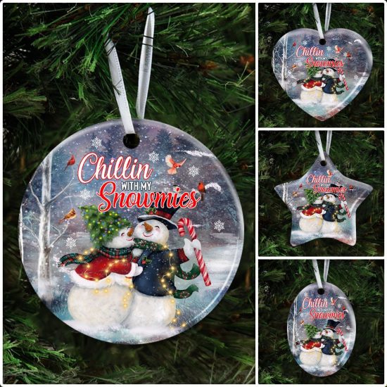 Chillin With My Snowmies. Snowman Christmas Ceramic Ornament 6