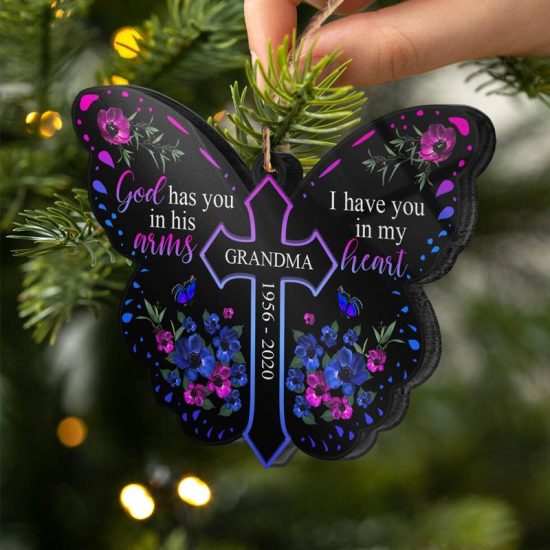Christian God Has You I Have You Memorial Gift Personalized Custom Butterfly Acrylic Ornament 1