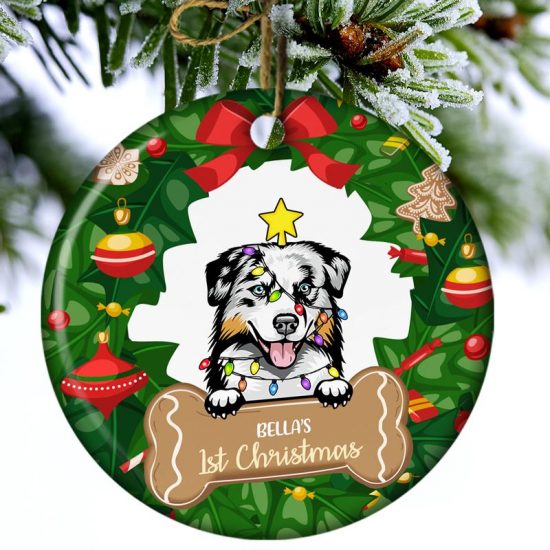 Dog First Christmas Dog Lovers Christmas Gift Personalized Custom Circle Ceramic Ornament 2