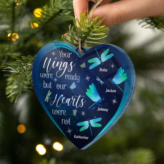 Dragonfly Your Wings Were Ready Memorial Gift Personalized Custom Heart Acrylic Ornament 2