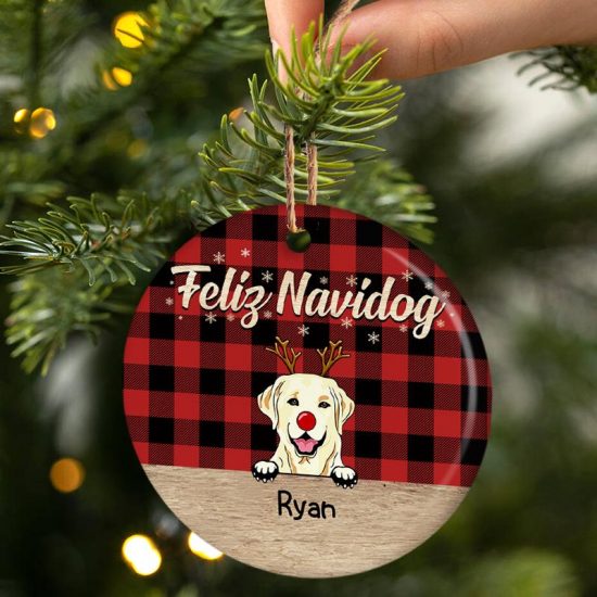 Feliz Navidog Christmas Dog Christmas Gift For Dog Lovers Personalized Custom Circle Ceramic Ornament 1