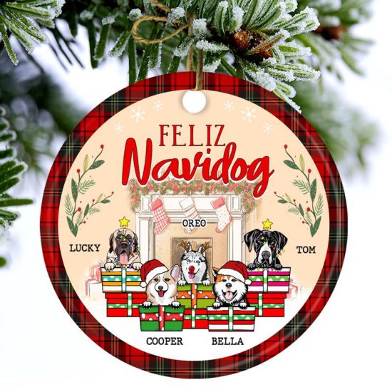 Feliz Navidog Christmas Gift For Dog Lovers Personalized Custom Circle Ceramic Ornament 1