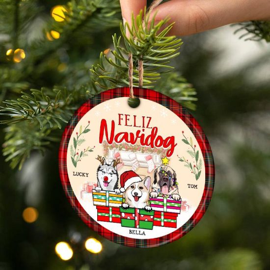 Feliz Navidog Christmas Gift For Dog Lovers Personalized Custom Circle Ceramic Ornament 2