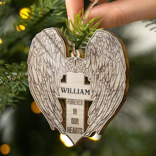 Forever In Our Hearts Sympathy Memorial Christmas Gift Personalized Custom Wooden Cutout Ornament 1