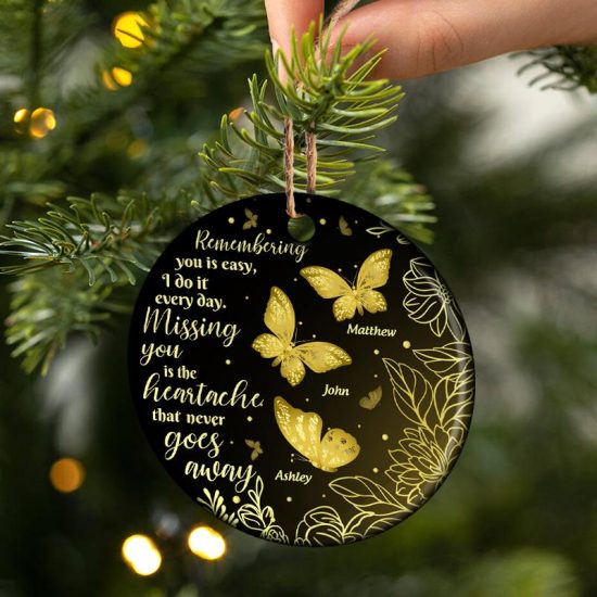 Gold Butterfly Missing You Memorial Gift Personalized Custom Circle Ceramic Ornament 2