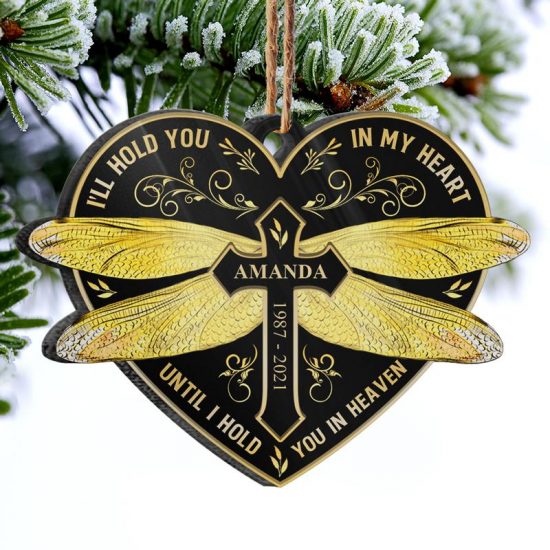 Gold Dragonfly Hold You In Heaven Memorial Gift Personalized Custom Heart Acrylic Ornament 1