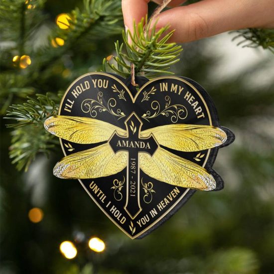 Gold Dragonfly Hold You In Heaven Memorial Gift Personalized Custom Heart Acrylic Ornament 2