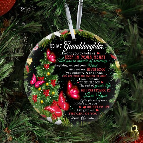 Grandma To Granddaughter Believe Deep In Your Heart Butterfly Round Ornament 3