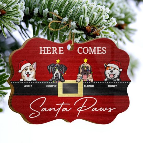 Here Comes Santa Paws Christmas Gift For Dog Lovers Personalized Custom Wooden Ornament 1