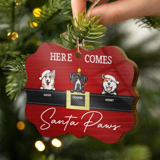 Here Comes Santa Paws Christmas Gift For Dog Lovers Personalized Custom Wooden Ornament 2