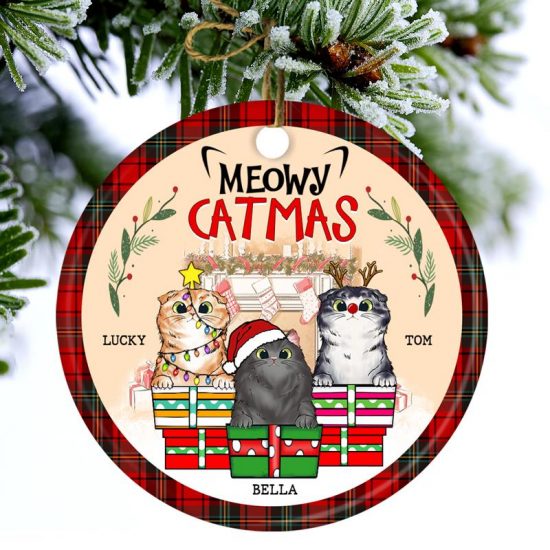 Meowy Catmas Christmas Gift For Cat Lovers Personalized Custom Circle Ceramic Ornament 1