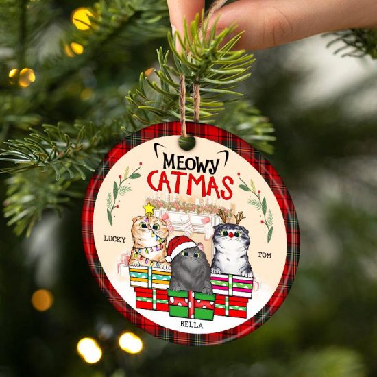 Meowy Catmas Christmas Gift For Cat Lovers Personalized Custom Circle Ceramic Ornament 2