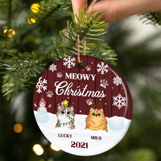 Meowy Christmas Christmas Gift For Cat Lovers Personalized Custom Circle Ceramic Ornament 1