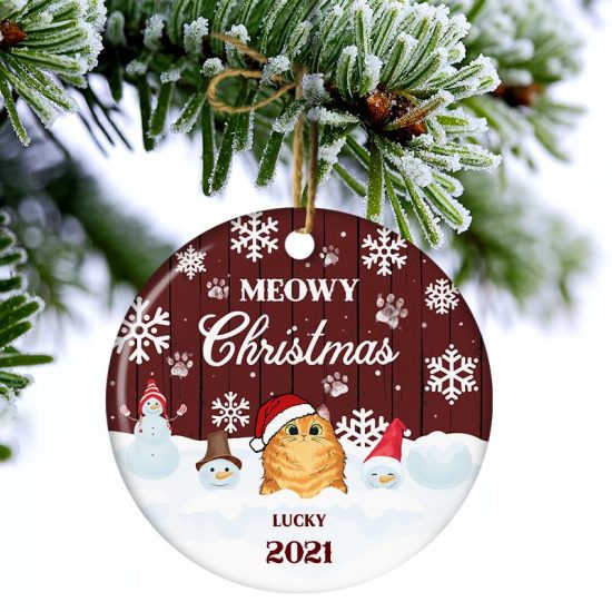 Meowy Christmas Christmas Gift For Cat Lovers Personalized Custom Circle Ceramic Ornament 2