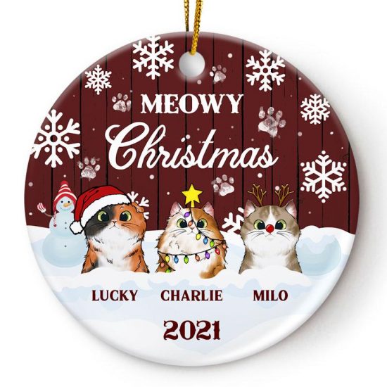 Meowy Christmas - Christmas Gift For Cat Lovers - Personalized Custom Circle Ceramic Ornament