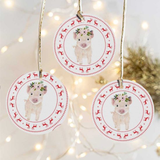 Merry Christmas Little Pig Reindeer Ceramic Ornament 1