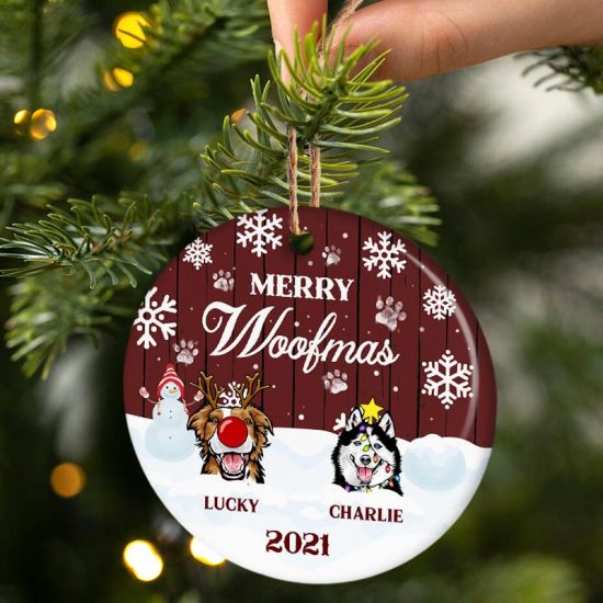 Merry Woofmas Christmas Gift For Dog Lovers Personalized Custom Circle Ceramic Ornament 1