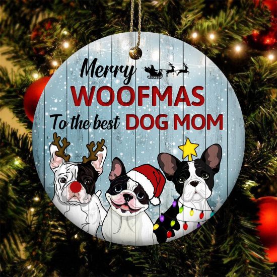 Merry Woofmas French Bulldog Round Ornament 1