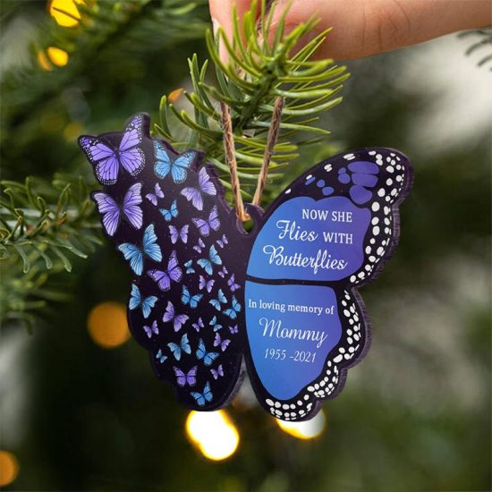 Now She Flies With Butterflies Memorial Gift Personalized Custom Butterfly Acrylic Ornament 1
