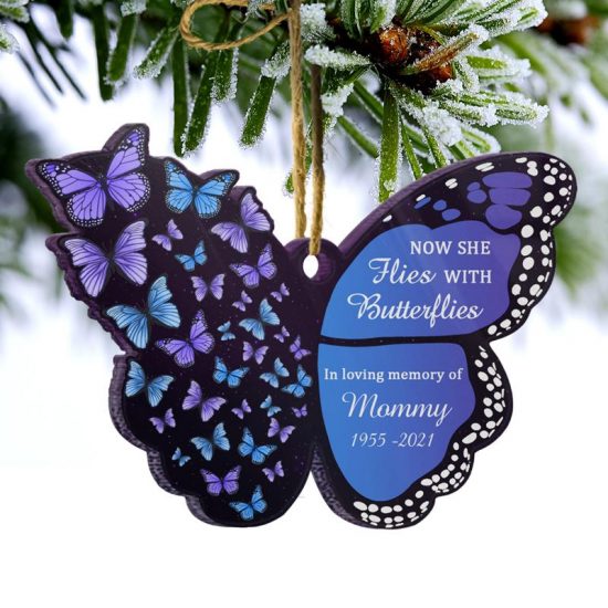 Now She Flies With Butterflies Memorial Gift Personalized Custom Butterfly Acrylic Ornament 2