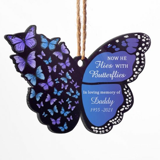 Now She Flies With Butterflies - Memorial Gift - Personalized Custom Butterfly Acrylic Ornament