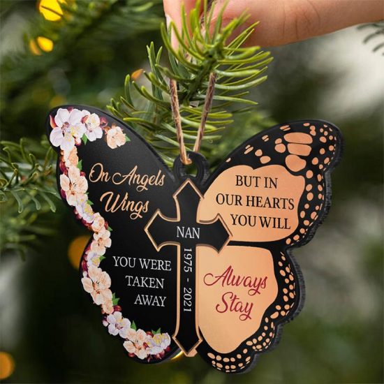 On Angels Wings You Were Taken Away Apricot Memorial Gift Personalized Custom Butterfly Acrylic Ornament 2
