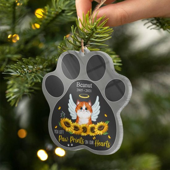 Paw Prints On Our Hearts Cat Memorial Gift Personalized Custom Paw Shaped Acrylic Ornament 1
