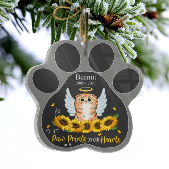 Paw Prints On Our Hearts Cat Memorial Gift Personalized Custom Paw Shaped Acrylic Ornament 2