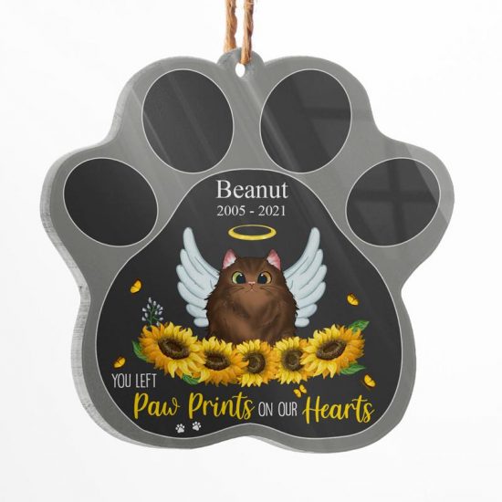 Paw Prints On Our Hearts - Cat Memorial Gift - Personalized Custom Paw Shaped Acrylic Ornament