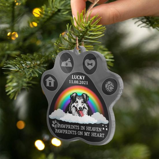Pawprints In Heaven On My Heart Dog Memorial Gift Personalized Custom Paw Acrylic Ornament 2