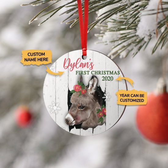 Personalized Donkey Babys First Christmas Round Ornament 1