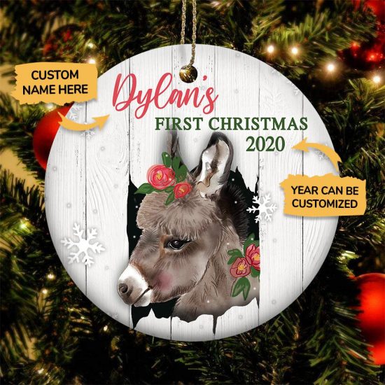 Personalized Donkey Babys First Christmas Round Ornament 2