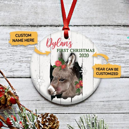 Personalized Donkey Babys First Christmas Round Ornament 3