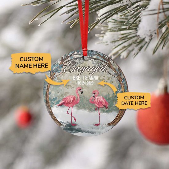 Personalized First Christmas Engaged Flamingo Round Ornament 1