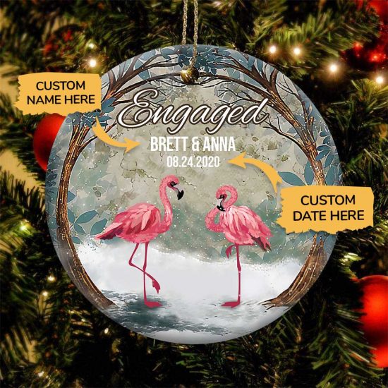 Personalized First Christmas Engaged Flamingo Round Ornament 2